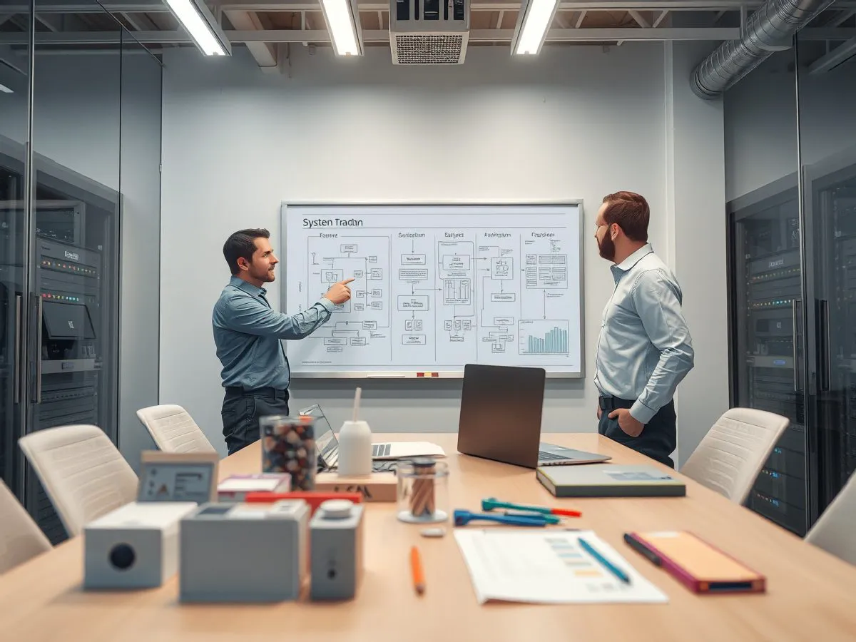 技术团队在会议室讨论系统架构与数据接口方案